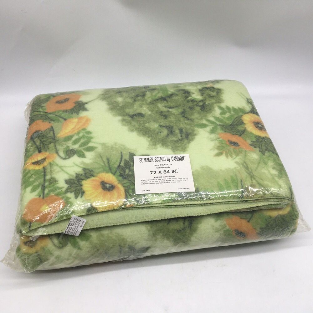 Vtg NOS Summer Scenic By Cannon Floral Poppies Green Blanket 72x84” Butterfly